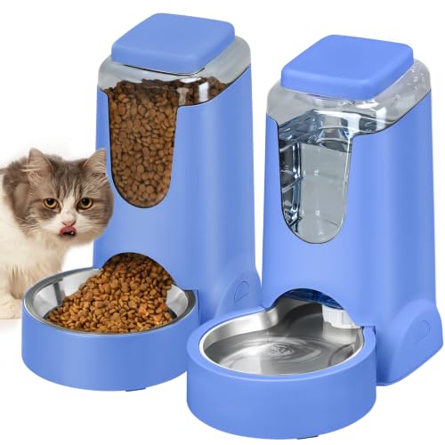 Portable Automatic Cat Feeder and Water Dispenser with Stainless Steel Bowl Dog Gravity Food Feeder and Waterer for Small Medium Pets Puppy Kitten 1 Gallon x 2 (Sapphire Blue)