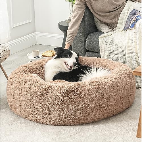 Calming Dog Beds Large Sized Dog Donut Washable Pet Bed (36"L x 36"W x 10"Th / Camel)