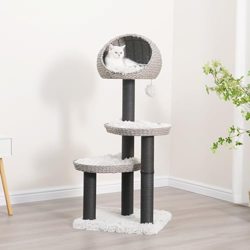 50 Inch Cat Tree with Hooded Basket Bed and 2 Platforms (Black and Gray)