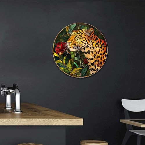 Metal Sign Tin Sign Circular Stained Glass Leopard Home Decor for Restaurant 8×8 Inches (8×8 Inches / Leopard-1)