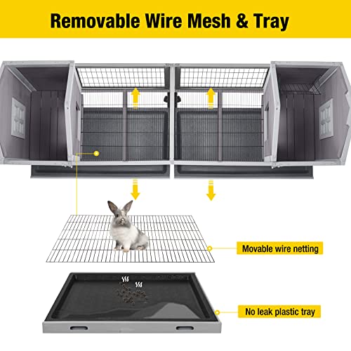 Rabbit Hutch Bunny Cage with Double House and Run Indoor Outdoor Guinea Pig House with Deeper No Leak Trays and Wheels