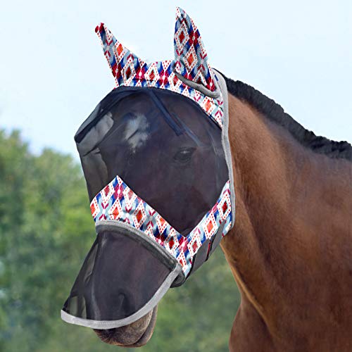 LumiVista Horse Fly Mask Long Nose with Ears UV Protection for Horse Tribal Rhombus L Full Size (Tribal Rhombus / Full (Large))