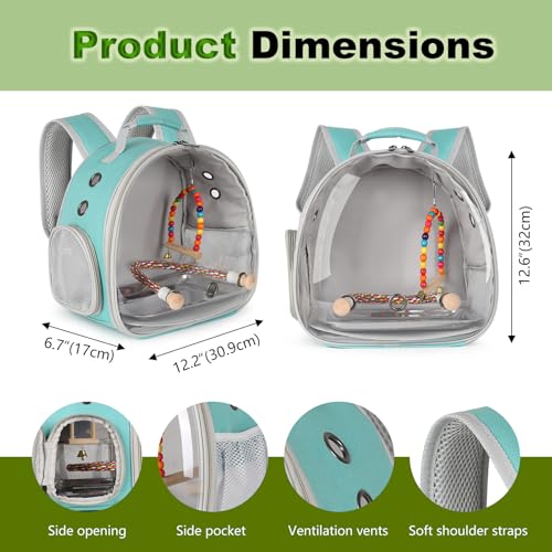 Portable Parrot Travel Cage Carrier with Small Swing Toy&Cage Colorful Toys Set Small Bird Parakeet Bag with Standing Perch Bird Carry Transport Bag (Green / Backpack/swing)