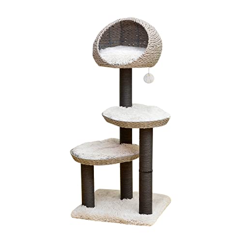 50 Inch Cat Tree with Hooded Basket Bed and 2 Platforms (Black and Gray)