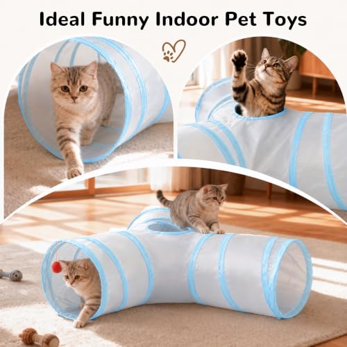 Cat Tunnel, 3-Way Collapsible Toy, Large Size Light Grey & Blue (Light Grey & Blue / Large)