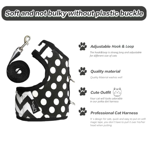 Cat Harness and Leash Set Escape Proof (Black Polka Dots / M 5.5-9 lbs)