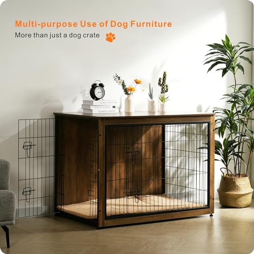 43.3" XXL Dog Crate Furniture with Cushion (Warm Brown / 43.3"L x 29.1"W x 31.7"H)