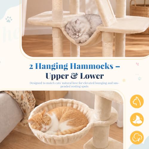 Cat Tree Tower with Padded Platform Bed (53 Inch / Beige)
