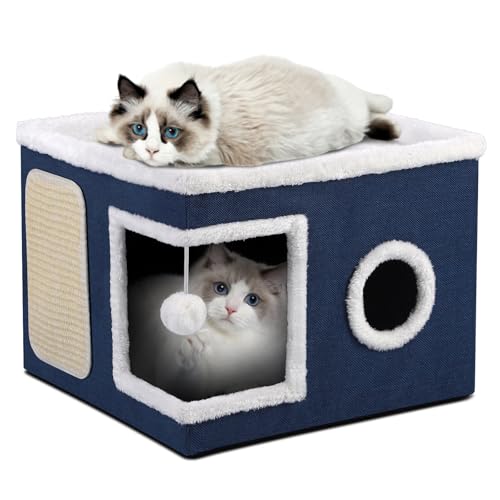 Cat House Bed for Indoor Cats with Fluffy Ball and Scratch Pad Blue (Blue / Large)
