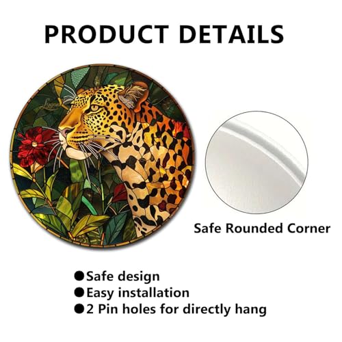 Metal Sign Tin Sign Circular Stained Glass Leopard Home Decor for Restaurant 8×8 Inches (8×8 Inches / Leopard-1)