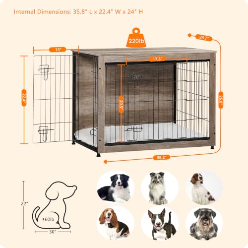 Dog Crate Furniture with Cushion (Greige / 38.5"L x 25.6"W x 26.8"H)