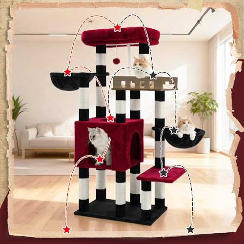 Sturdy Cat Tree Tower for Large Cats (52 inches / Black and red)