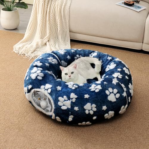 Cute Round Cat Tunnel for Indoor Cats (Blue Paw / Round)
