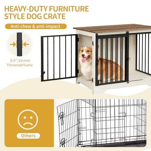 31.9" M Dog Crate Furniture Indoor Dog Kennel with Barn Door (White Brown / 31.9"L x 21.7"W x 26.6"H)