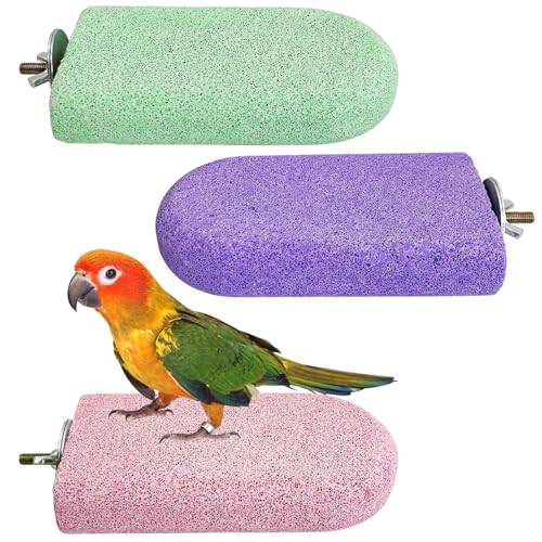3 PCS Bird Perches Calcium Parrot Perch Stand Bird Beak Grinding Stone Foot Claws Trimmer Multiple Colors Parakeets Chewing Toys Bird Cage Accessories for Budgie Cockatiel Conure Lovebird