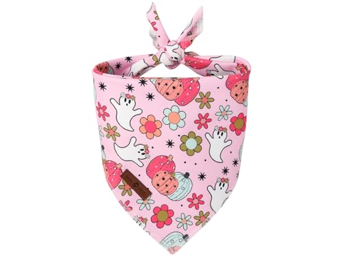 Halloween Dog Bandana Washable Cotton Handkerchief Scarf Triangle Flower Ghost Pink Bandanas for Small Medium Dogs Girl (Flower Ghost / Small (Pack of 1))