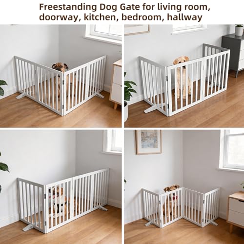 Freestanding Indoor Dog Gate for House Foldable Wood White Puppy Gate for Doorways Pet Gate for Stairs Extra Wide Pet Fence 24" Height 4 Panels (White / 【4 Panels】80''w x 24''h)