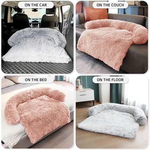 Calming Dog Bed Fluffy Plush Dog Mat for Furniture Protector with Removable Washable Cover for Large Medium Small Dogs and Cats (Pink / 45.0"L x 37.0"W x 6.0"Th)