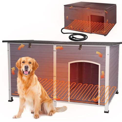 Heated Dog House with Electric Heating Pad Extra Large 59.1" Outdoor & Indoor Dog Kennl with Insulated Liner Keep Warm in Winter (59.1"Grey(Heating pad))