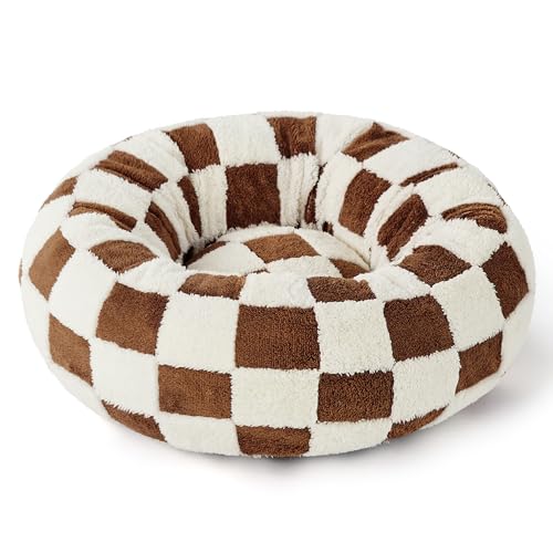 Shown on TV Jacquard Donut Cute Cat Beds Indoor (20.0"L x 20.0"W x 6.0"Th / Brown Checks)