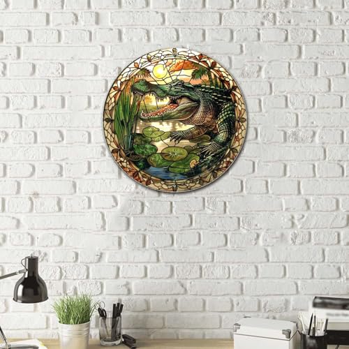 Metal Sign Tin Sign Circular Stained Glass Alligator Minimalist Wall Art for Home Decor 12×12 Inches (12×12 Inches / Alligator)