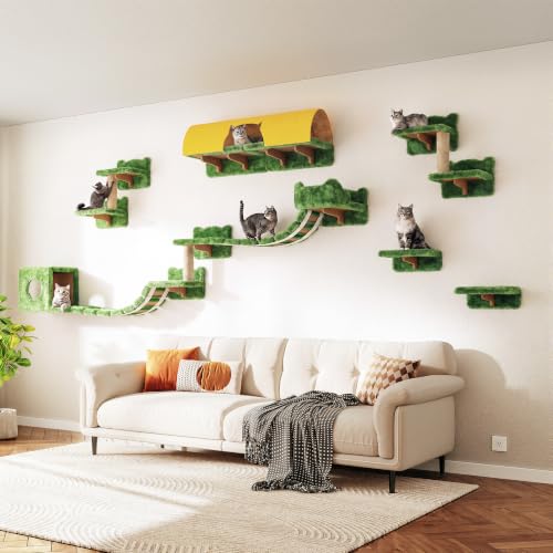 16-in-1 Cat Wall Shelves, Cat Furniture w/Tunnel & Bridge, Green (Green / 16-in-1)