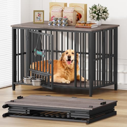 41" Dog Crate Furniture Foldable (Oak Grey / 41.3"L x 25.6"W x 28.6"H)