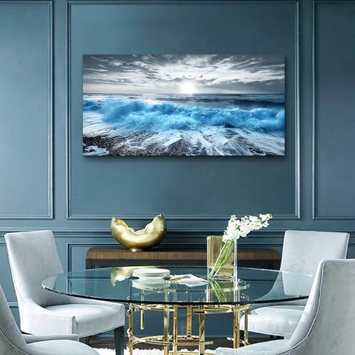 Framed Wall Art For Living Room Large Canvas Wall Decor For Office Blue Beach Painting Ocean Sea Waves Wall Pictures Bedroom Home Decorations Prints Posters Mural Artwork Ready to hang (48"L x 24"W / Blue Beach Ocean Painting)