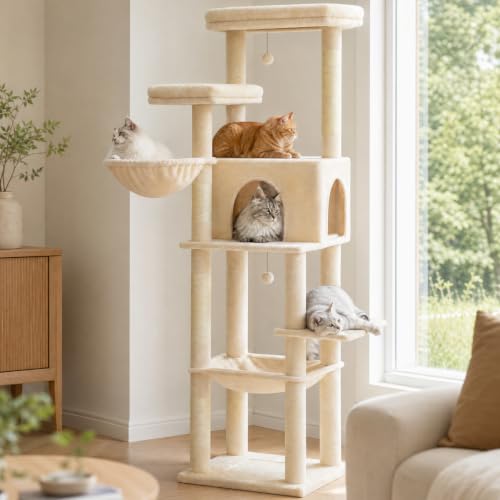 73" Cat Tower for Large Cats with Condo and Scratching Posts (Beige / 73")