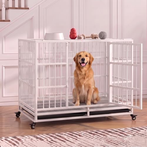 48 Inch Heavy Duty Dog Crate Cage with Wheels (White)