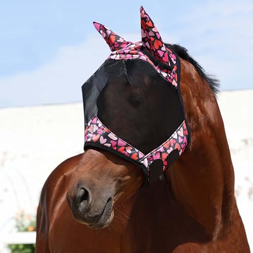 Pro LumiVista Horse Half Face Fly Mask Large Eye Space with Ears UV Protection for Horse Cute Hearts M (Cute Hearts / M)