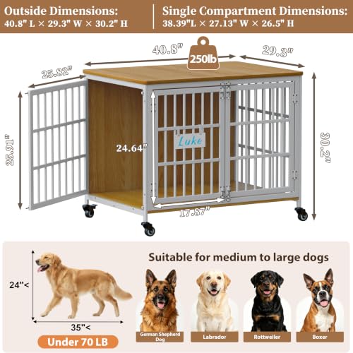 Heavy Duty Dog Crate Furniture with Personalized Name Tag (White & Beech / 40.8"L x 29.3"W x 30.2"H)
