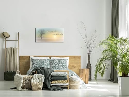 Canvas Wall Art of Misty Sunset & Tree Plant Picture For Bedroom Home Above Bed (46"L x 23"W / Yellow & Teal Sunrise Wal Art (D101))