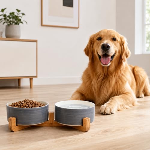 Dog Bowls Ceramic Cat Dog Bowl Set with Wood Stand for Food and Water (Grey White / 850ML*2)