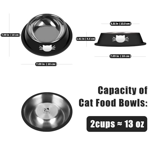 2 Pcs Non Slip Stainless Steel Small Cat Food Bowls (Black / 13 oz)
