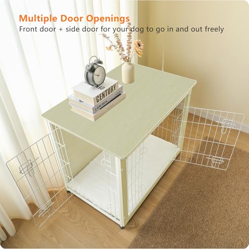 32.5" Dog Crate Furniture with Cushion (White Oak / 32.5"L x 21.9"W x 25.6"H)