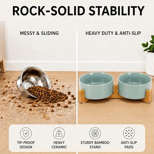 Ceramic Dog and Cat Bowl Set with Wooden Stand (3.6 cups / Morandi Green × 2)