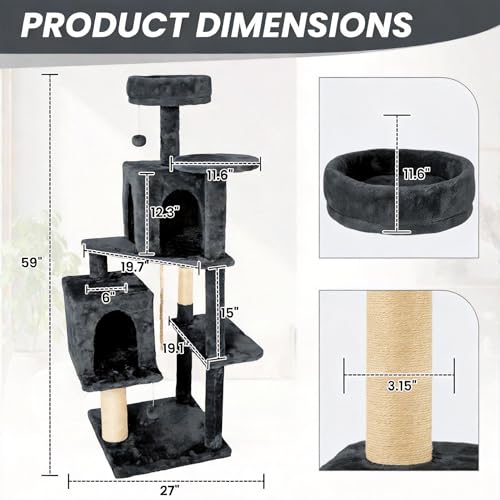 59in Large Cat Tree Tower for Indoor Cats with Soft Plush Hang Ball (59in Dark Grey)
