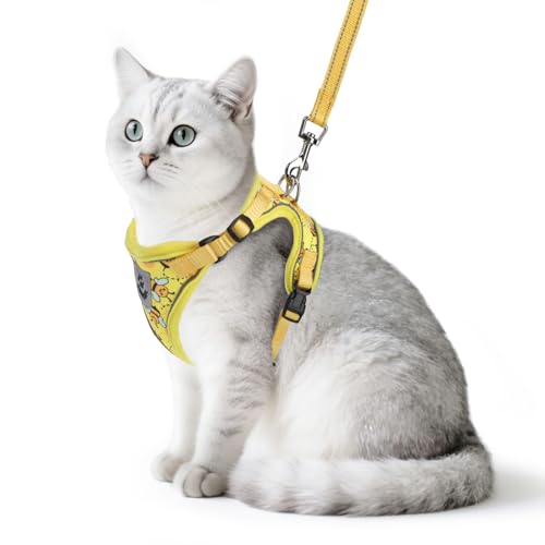 Cat Harness and Leash Set Escape Proof Reflective Cat Walking Harness Adjustable Soft Breathable Mesh Vest for Small Pets (M (NECK 11"-13.7", CHEST 16"-20") / Yellow Bee)