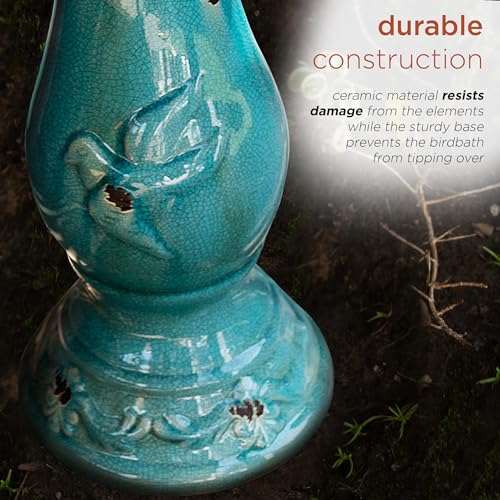 25" Tall Outdoor Ceramic Antique Pedestal Birdbath with 2 Bird Figurines (Turquoise)