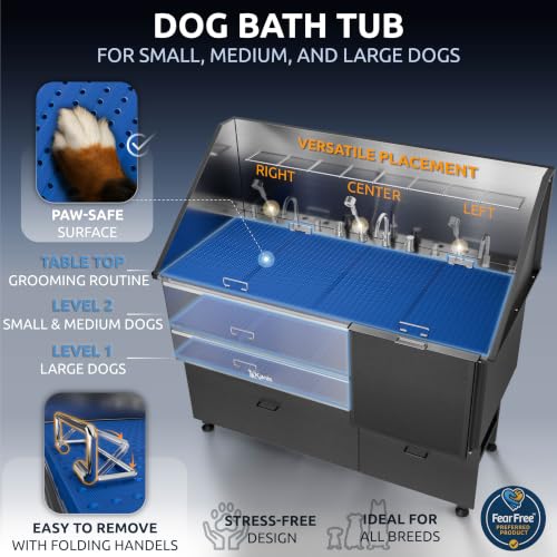 Professional Dog Washing Station 304 Stainless Steel Pet Wash Sink (Black, Right Ramp, 2 Drawer / 61 Inches)