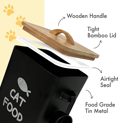Airtight Cat Food Storage Container with Bamboo Lid & Scoop (Matte Black)