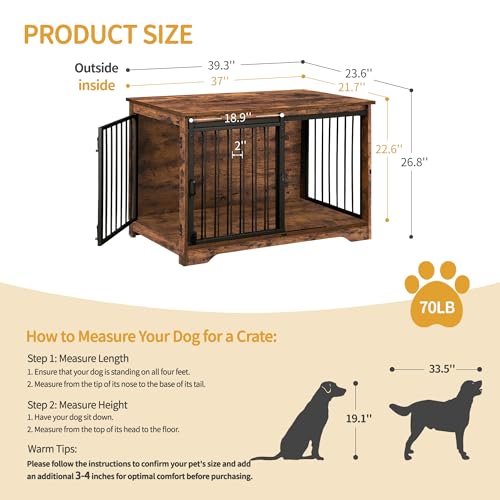39.3" L Dog Crate Furniture Indoor Dog Kennel with Barn Door (Rustic Brown / 39.3"L x 23.6"W x 26.8"H)