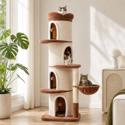 68.5" Modern Cat Tree Tower with 4 Condos & Soft Top Bed (Beige / 69" Forest Cat Tree)