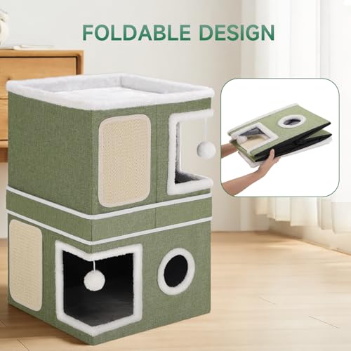 2 Story Cat House beds for Indoor Cats with Scratch Pads Green (Green / Double)