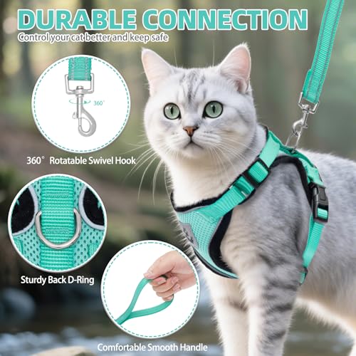 Cat Harness and Leash Set Escape Proof Reflective Cat Walking Harness Adjustable Soft Breathable Mesh Vest for Small Pets (L (NECK 14"-18", CHEST 18"-26.5") / Aquamarine)