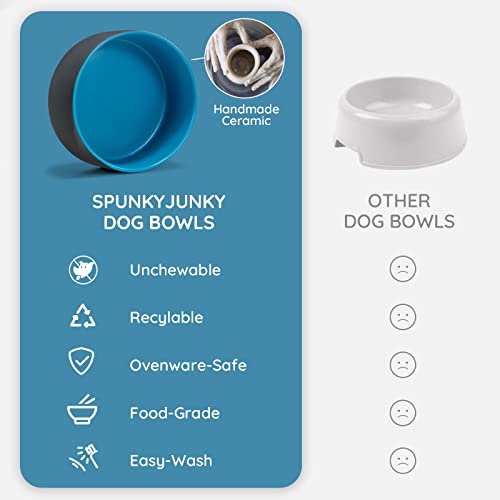 Ceramic Dog and Cat Bowl Set with Wooden Stand (3.6 cups / Blue-Grey × 2)