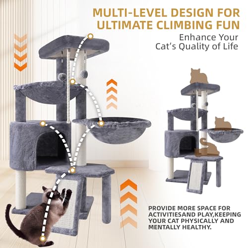 Three Layer Cat Tree with Cat Condo and Two Hammocks (Small / Grey)