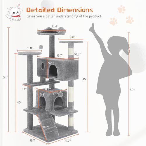54 inch Cat Tree Tower with Scratching Posts (Light Grey / 54*20*20IN)