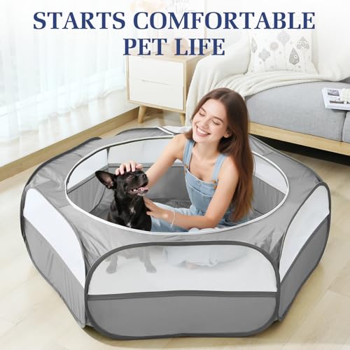 2-in-1 Small Animals Playpen with Pad, Gray+Gray (U-Gray+Gray)
